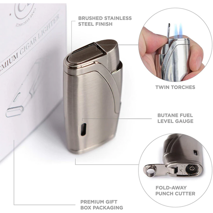 Case Elegance Accessory Bundle - Cigar Cutter, Torch Lighter, and Travel Case